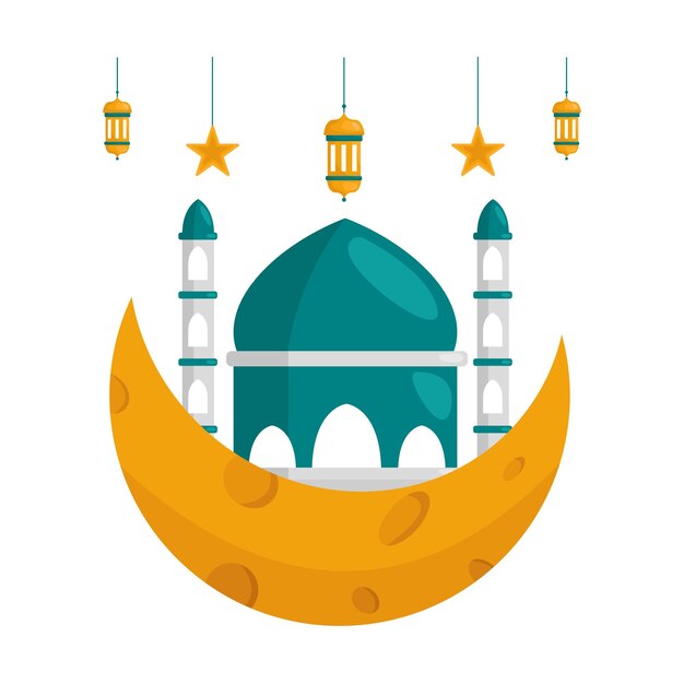 Luna creciente con estrellas e ilustración de la mezquita