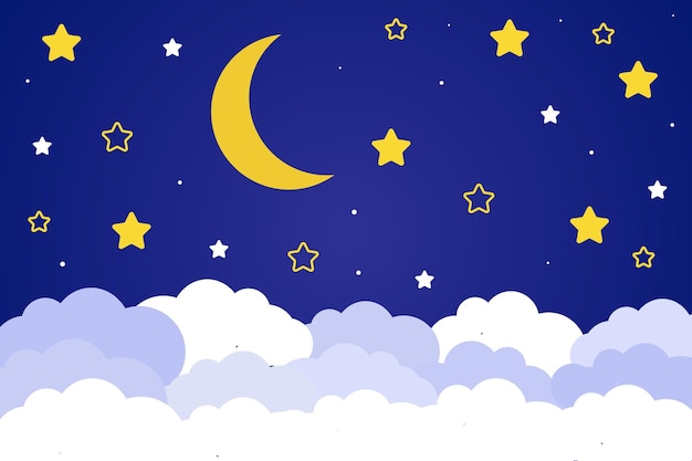 Vector luna creciente y estrellas con nubes sobre un fondo oscuro del cielo nocturno arte de papel fondo de escena nocturna