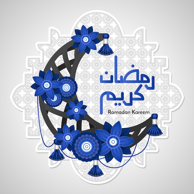 Luna creciente y flores azules Ramadan Kareem Concept