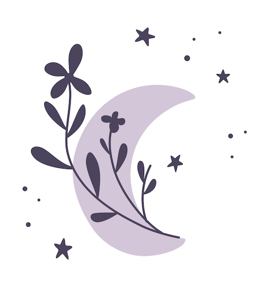 Luna creciente de flores. Hermosa media luna romántica en estilo boho. Elemento botánico de la luna. Diseño de tatuaje, logotipo, invitación de boda, tarjeta de felicitación, decoración de Halloween.Ilustración plana de vector.