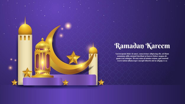 Luna creciente y linterna dorada en el podio dan la bienvenida a ramadan kareem y eid mubarak