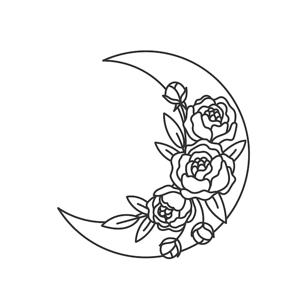 Luna creciente con un ramo de flores naturaleza mágica peonías con la luna dibujo de líneas