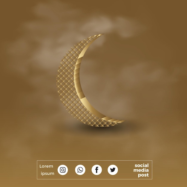 Luna creciente con silueta de mezquita hombre musulmán rezando y nubes sobre fondo blanco para el ramadán