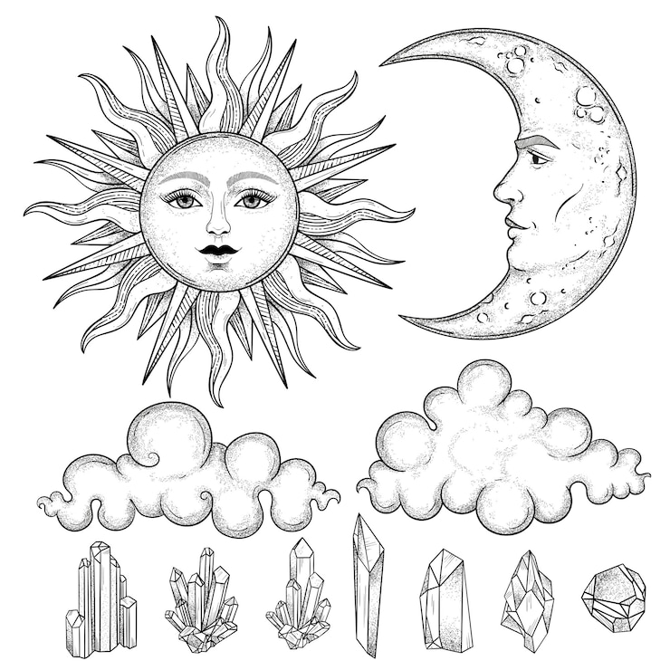 Vector la luna creciente y el sol se enfrentan a las nubes cristal mágico isotérico vintage grabado conjunto vectorial