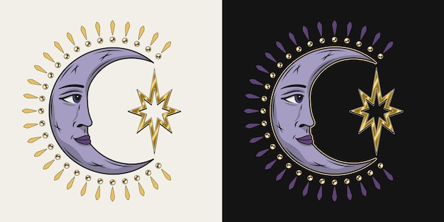 Vector la luna creciente sostiene una sola estrella símbolo mitológico de cuento de hadas con cara estilo hippie groovy para ropa ropa camisas decoración de superficie niños diseño ilustración de estilo retro