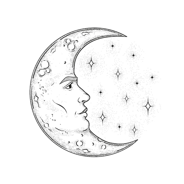 Luna creciente vectorial vintage con estrellas faciales estilo grabado signos mágicos esotéricos y ocultos