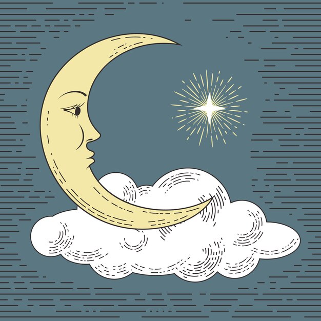 Luna dibujada a mano coloreada con nube y estrella