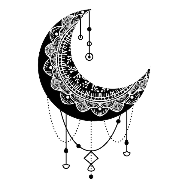 Luna dibujada a mano con flores, mandalas y paisley. Hermoso patrón floral de media luna aislado sobre fondo blanco. Luna decorativa para el cartel o tarjeta del mes sagrado de Ramadán, ilustración vectorial