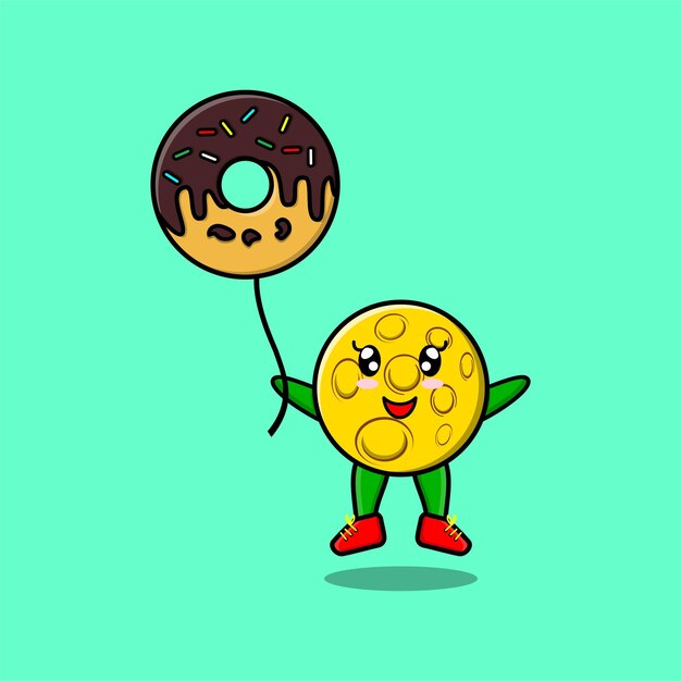 Luna de dibujos animados lindo flotando con ilustración de vector de dibujos animados de globo de donuts