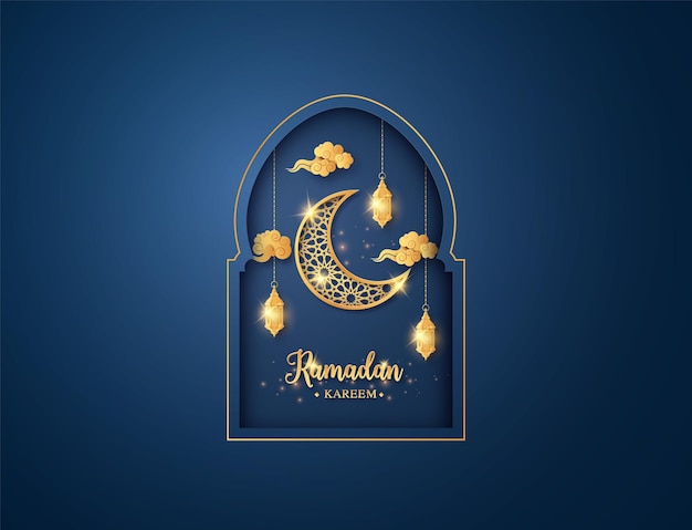 Vector luna dorada brillante con linterna colgante, tarjeta de felicitación de ramadan kareem, corte de papel