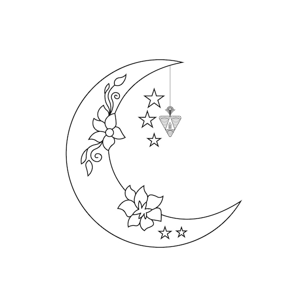 Vector luna con elementos de decoración de flores elementos de dibujo de líneas vectoriales de contorno floral
