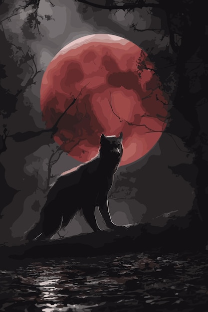 Vector la luna escena de la noche brilla una luz roja alrededor con el lobo