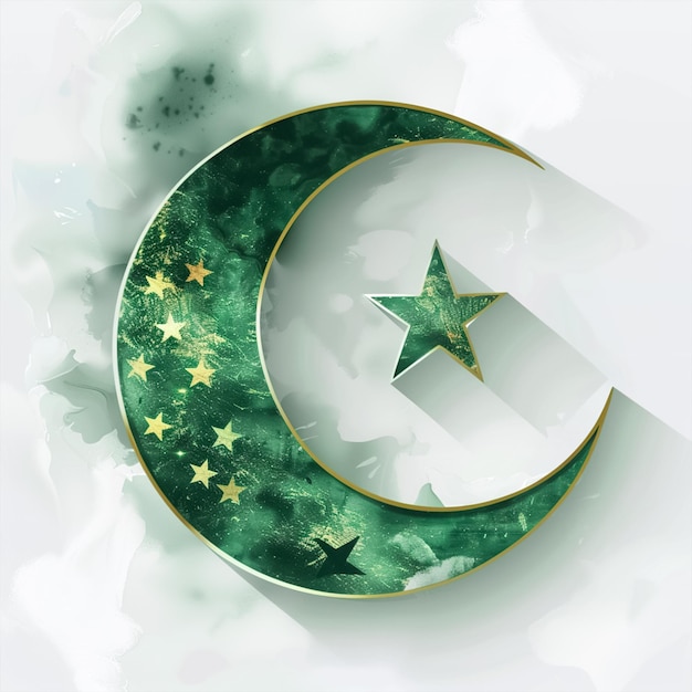 Luna y estrella en 3D en color verde aislados en fondo blanco concepto del día de Pakistán