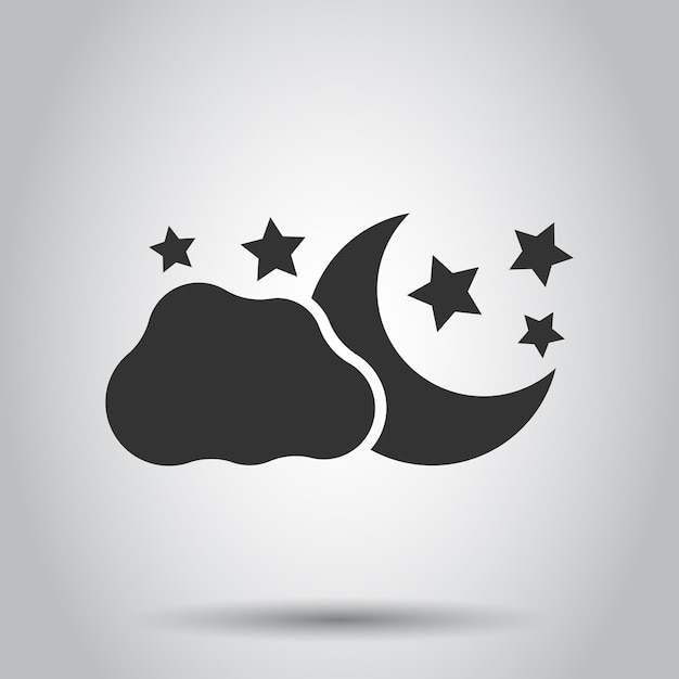 Luna y estrellas con clods icono vectorial en estilo plano Ilustración nocturna en fondo blanco Concepto de negocio de luna nublada