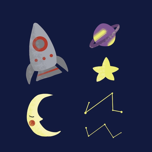 luna estrellas cohete vector ilustración galaxia para niños contenido, juguete, embalaje, libro, habitación