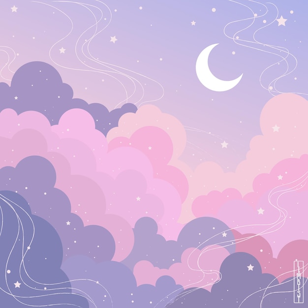 luna entre estrellas y nubes, cielo malvavisco, cielo rosa