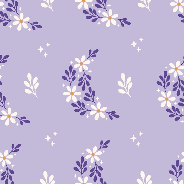 Vector luna floral vector de patrones sin fisuras ilustración de moda con estrellas de flores sobre fondo muy peri estampado de luna boho para diseño de telas textiles para niños y ropa de bebé papel tapiz de papel de regalo