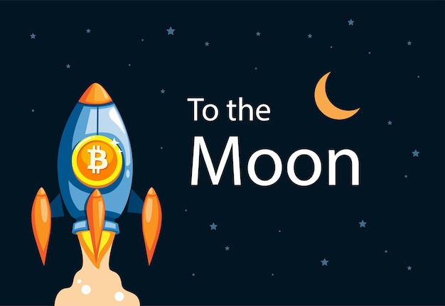 A la luna ilustración de crecimiento empresarial de criptomoneda de cohete bitcoin en vector de dibujos animados