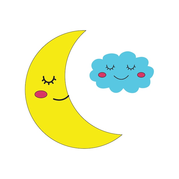 Luna linda con una nube ilustración vectorial aislada sobre fondo blanco