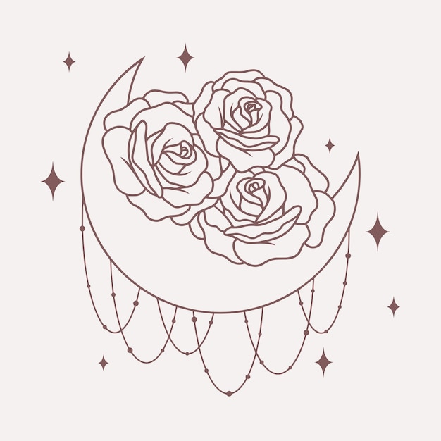 Luna con líneas de rosas arte boho vectorial minimalista