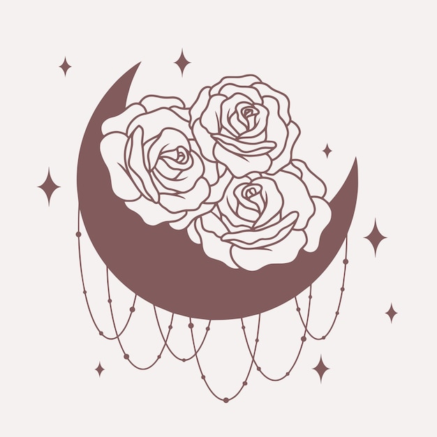 Luna con líneas de rosas arte boho vectorial minimalista