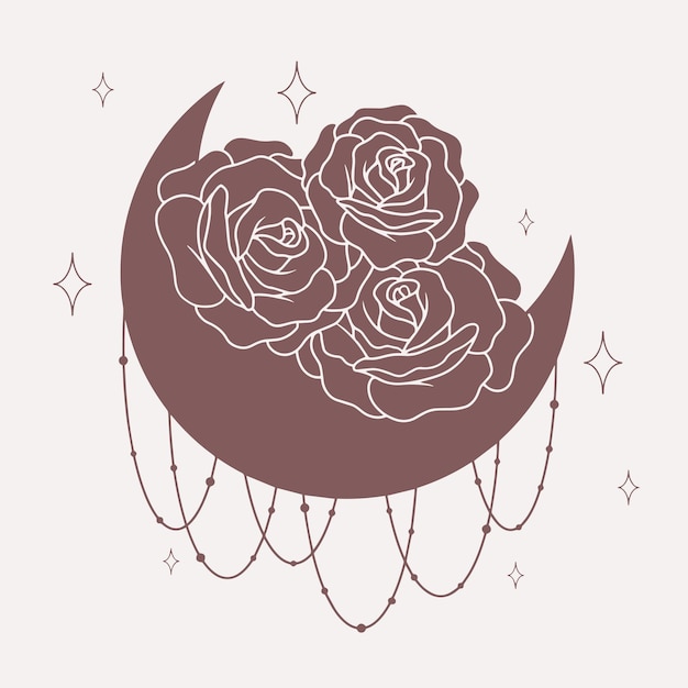 Luna con líneas de rosas arte boho vectorial minimalista