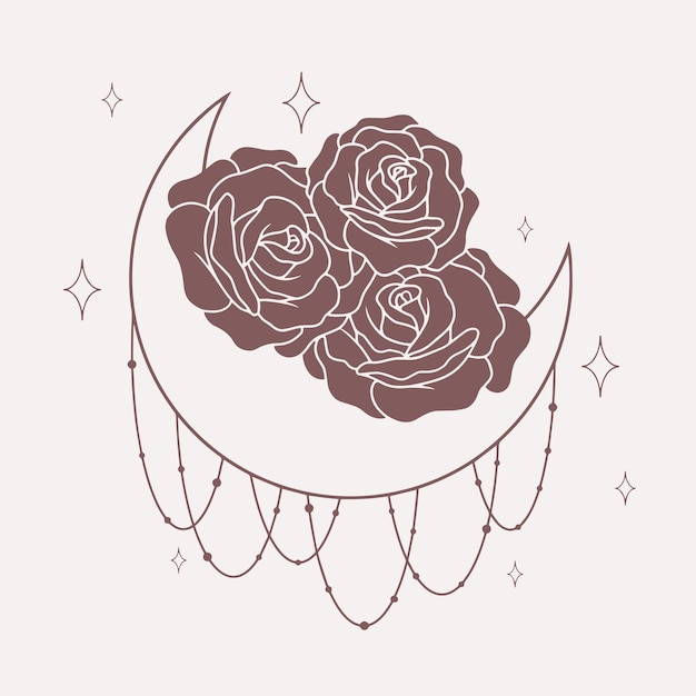 Luna con líneas de rosas arte boho vectorial minimalista