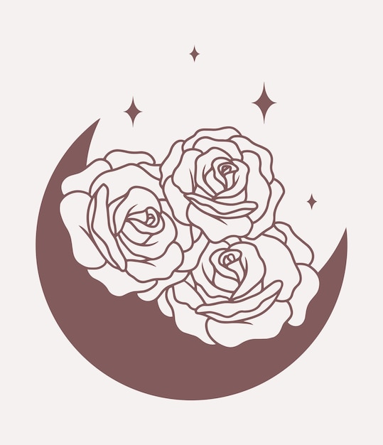 Luna con líneas de rosas arte boho vectorial minimalista