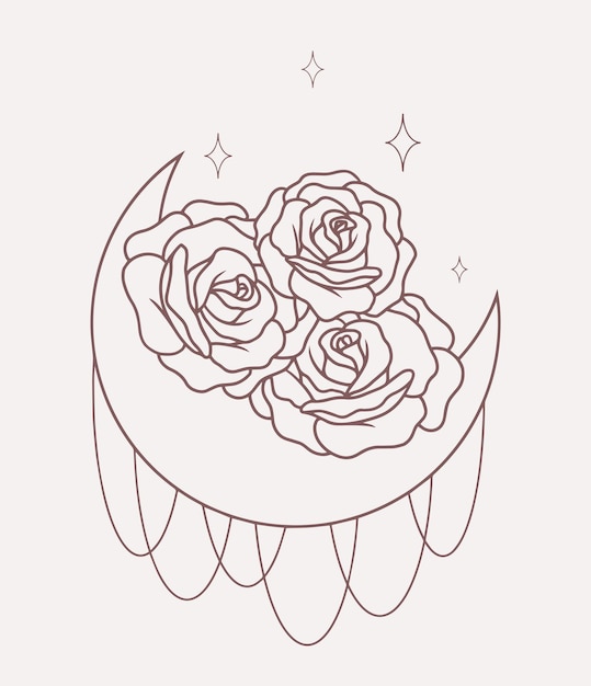 Luna con líneas de rosas arte boho vectorial minimalista