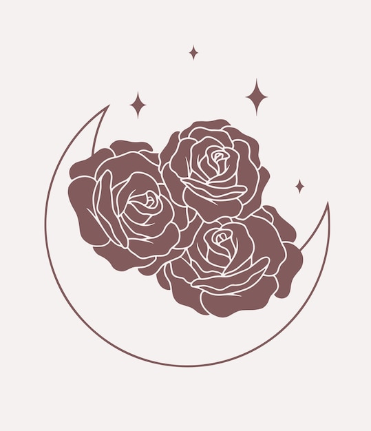 Luna con líneas de rosas arte boho vectorial minimalista