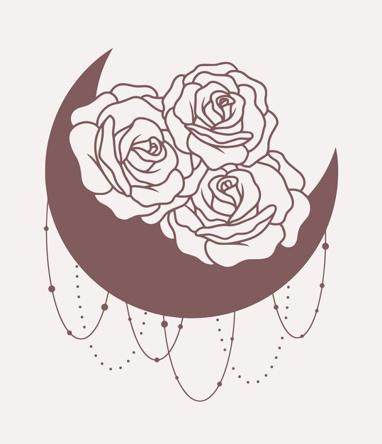 Luna con líneas de rosas arte boho vectorial minimalista