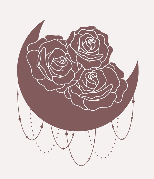 Luna con líneas de rosas arte boho vectorial minimalista