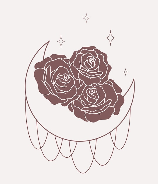 Luna con líneas de rosas arte boho vectorial minimalista