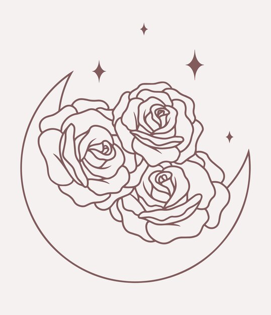 Luna con líneas de rosas arte boho vectorial minimalista