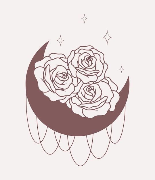 Luna con líneas de rosas arte boho vectorial minimalista