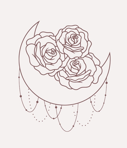Luna con líneas de rosas arte boho vectorial minimalista