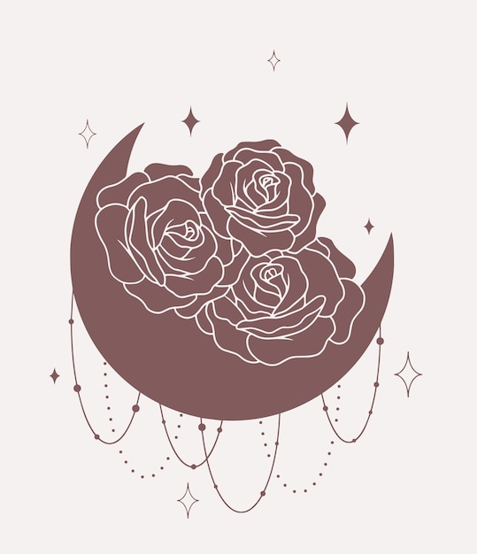 Luna con líneas de rosas arte boho vectorial minimalista