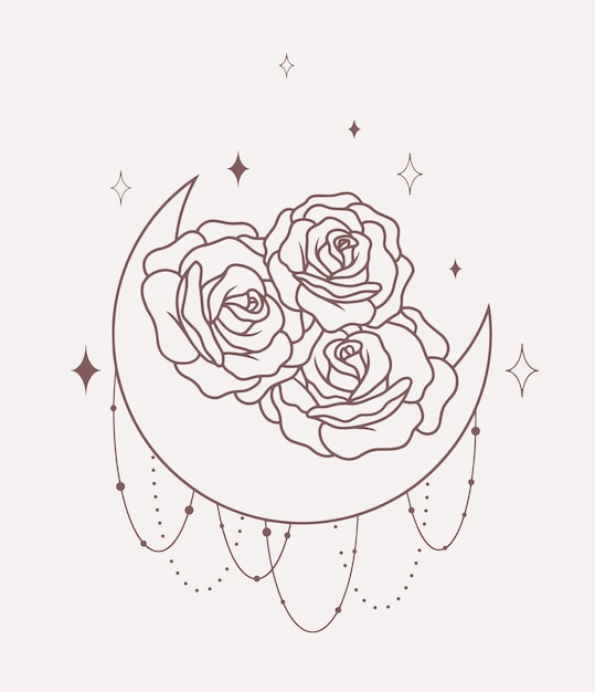 Luna con líneas de rosas arte boho vectorial minimalista