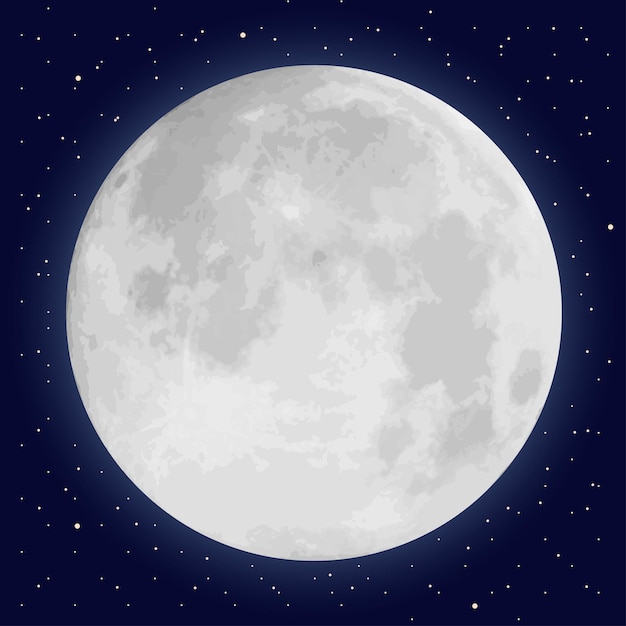 Luna Llena y estrellas en el cielo nocturno. Ilustración vectorial realista.