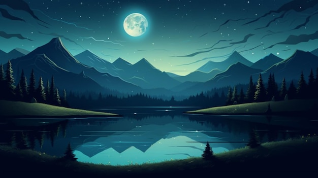 Vector una luna llena se refleja en un lago
