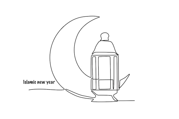 Luna media al lado de la linterna concepto del año nuevo islámico dibujo en línea