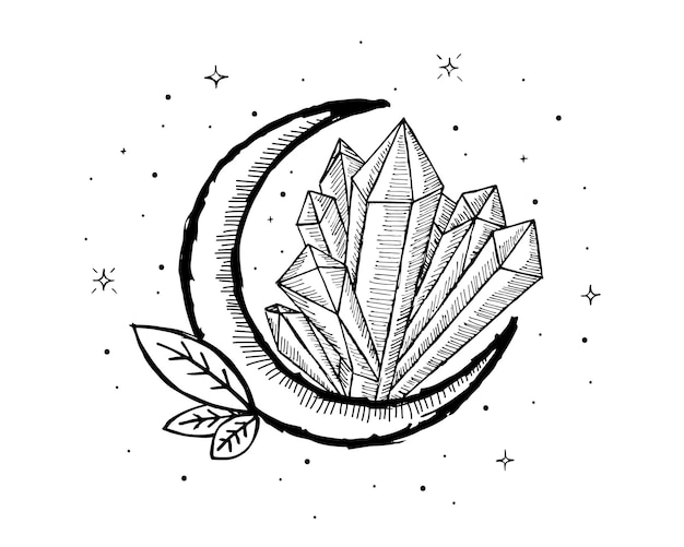 Luna mística con cristales, estrellas y hojas. Símbolo de astrología dibujado a mano. Símbolo de tratamiento de cristal y medicina alternativa mineral de piedras preciosas. Ilustración de esbozo de dibujo lineal vectorial