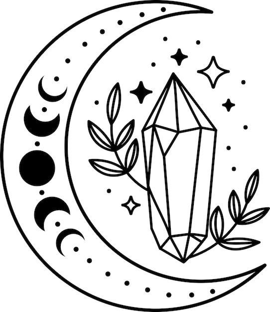 Luna mística Estilo boho Luna con flores y estrellas de cristales Ilustración lineal