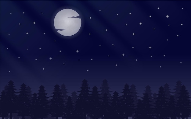 Luna de noche de fondo con estrellas y árboles de pino
