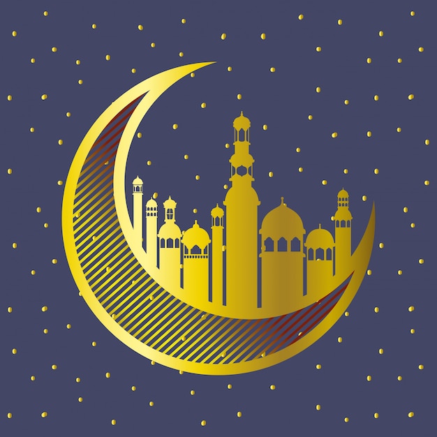 Vector luna de oro con edificios de la mezquita.