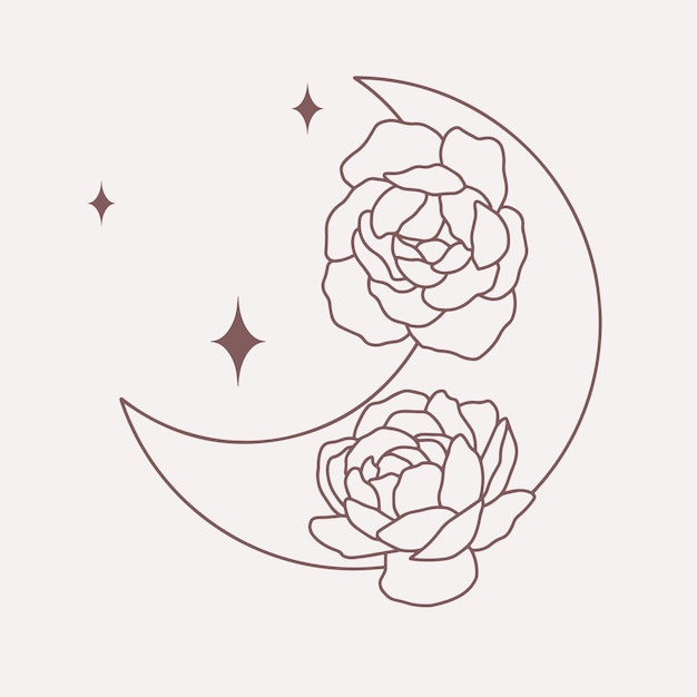 Luna con peonías línea de arte boho vectorial minimalista