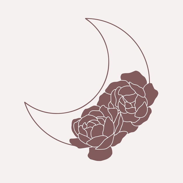 Luna con peonías línea de arte boho vectorial minimalista