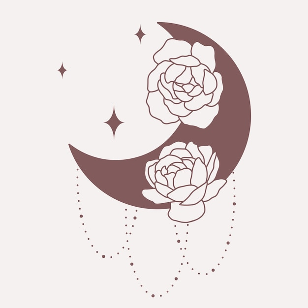 Luna con peonías línea de arte boho vectorial minimalista