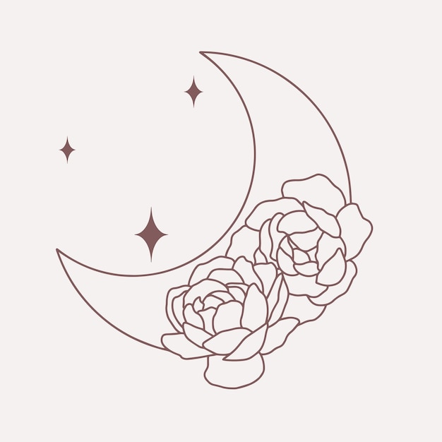 Luna con peonías línea de arte boho vectorial minimalista