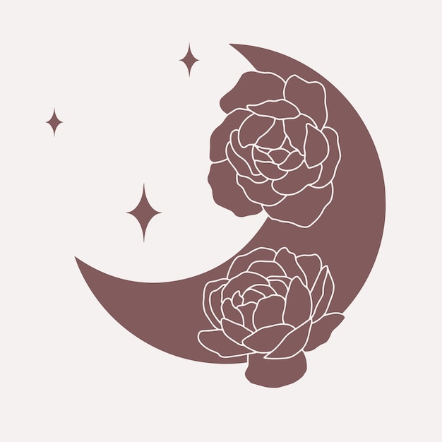 Luna con peonías línea de arte boho vectorial minimalista